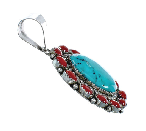 Navajo Turquoise and Coral Multi-Stone Sterling Silver Pendant NN20500